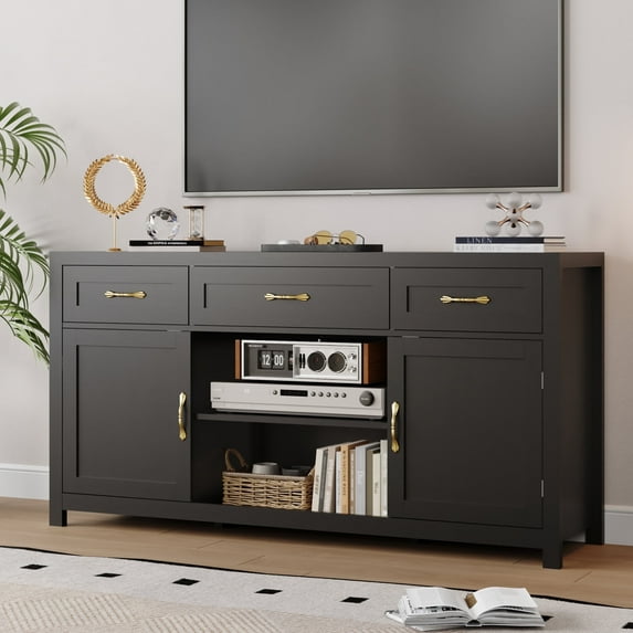 YouTrend Farmhouse TV Stand for TVs up to 65'' for Living Room,Kitchen Pantry Sideboard W/ Storage Cabinet,Black