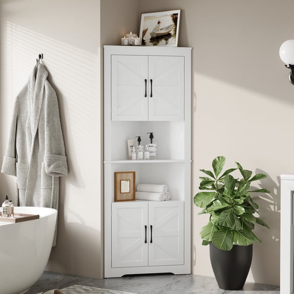 YouTrend Farmhouse Corner Cabinet with 2 Doors and Adjustable Shelves,Tall Storage Cabinet for Bathroom,Living Room,Kitchen,White