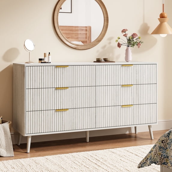 YouTrend Fluted 6 Drawers Dresser, 55.1" Wide Modern Chest of Drawers with Wood Foot, Dresser TV Stand Up to 65 Inch TV, Wood Drawer Organizer for Bedroom, Living Room, Hallway