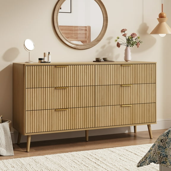 YouTrend Fluted 6 Drawers Dresser, 55.1" Wide Modern Chest of Drawers with Wood Foot, Dresser TV Stand Up to 65 Inch TV, Wood Drawer Organizer for Bedroom, Living Room, Hallway