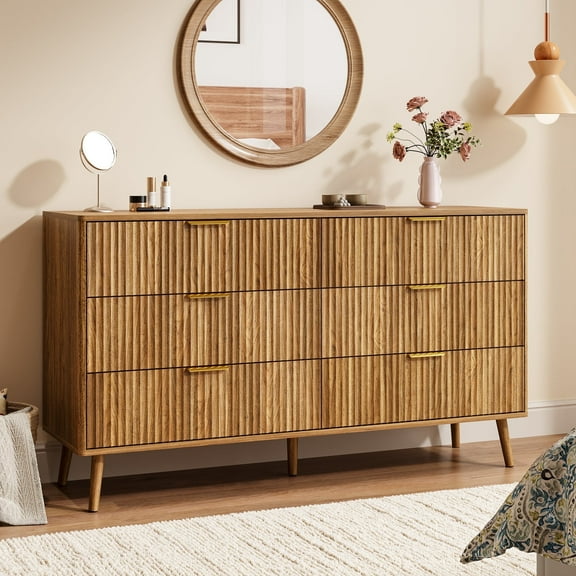 YouTrend Fluted 6 Drawers Dresser, 55.1" Wide Modern Chest of Drawers with Wood Foot, Dresser TV Stand Up to 65 Inch TV, Wood Drawer Organizer for Bedroom, Living Room, Hallway