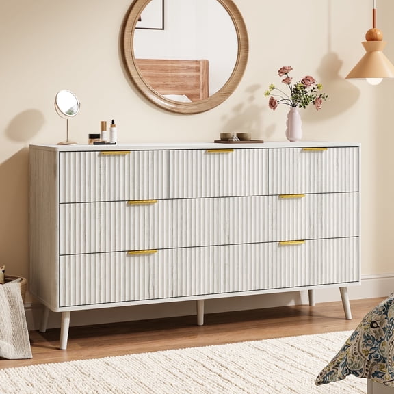 YouTrend Fluted 7 Drawers Dresser, 55.1" Wide Modern Chest of Drawers with Wood Foot, Dresser TV Stand Up to 65 Inch TV, Wood Drawer Organizer for Bedroom, Living Room, Hallway