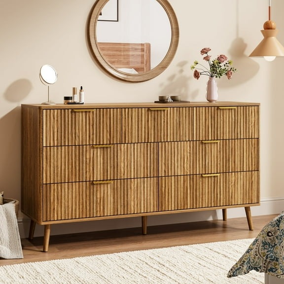 YouTrend Fluted 7 Drawers Dresser, 55.1" Wide Modern Chest of Drawers with Wood Foot, Dresser TV Stand Up to 65 Inch TV, Wood Drawer Organizer for Bedroom, Living Room, Hallway