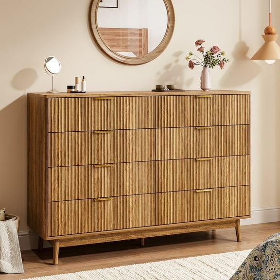 YouTrend Fluted 8 Drawers Dresser, 55.1" Wide Modern Chest of Drawers with Wood Foot, Dresser TV Stand Up to 65 Inch TV, Wood Drawer Organizer for Bedroom, Living Room, Hallway