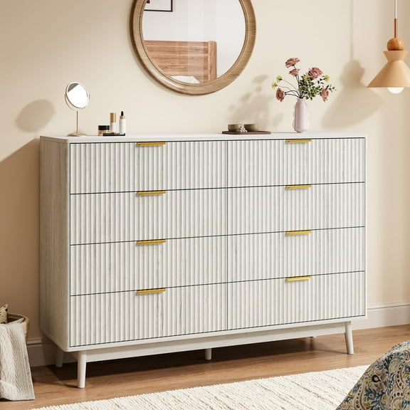 YouTrend Fluted 8 Drawers Dresser, 55.1" Wide Modern Chest of Drawers with Wood Foot, Dresser TV Stand Up to 65 Inch TV, Wood Drawer Organizer for Bedroom, Living Room, Hallway