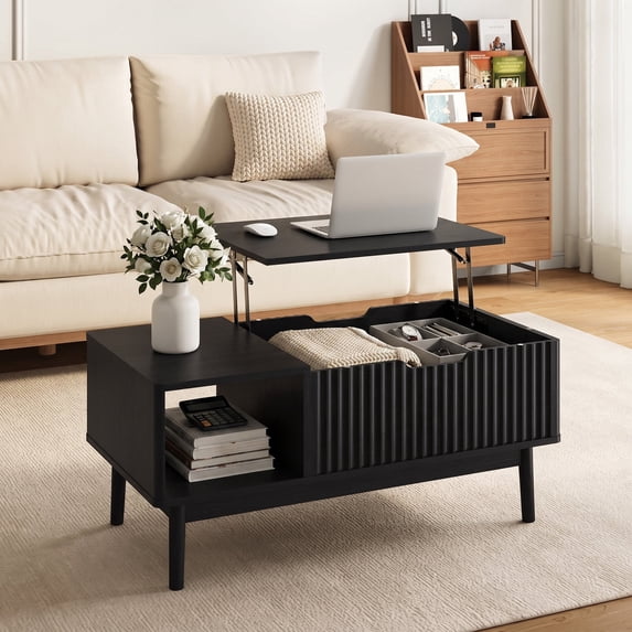 YouTrend Fluted Lift Top Coffee Table with Storage, Rising Coffee Tables with Hidden Compartment, Wood Center Table for Living Room Office, Black