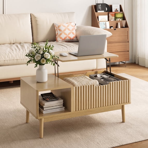 YouTrend Fluted Lift Top Coffee Table with Storage, Rising Coffee Tables with Hidden Compartment, Wood Center Table for Living Room Office, Natural