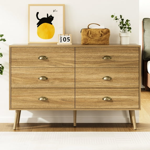 YouTrend Mid-Century 6 Drawer Dresser with Shell-Shape Handles,Wood Adult Storage Cabinet for Living Room,Bedroom,Oak
