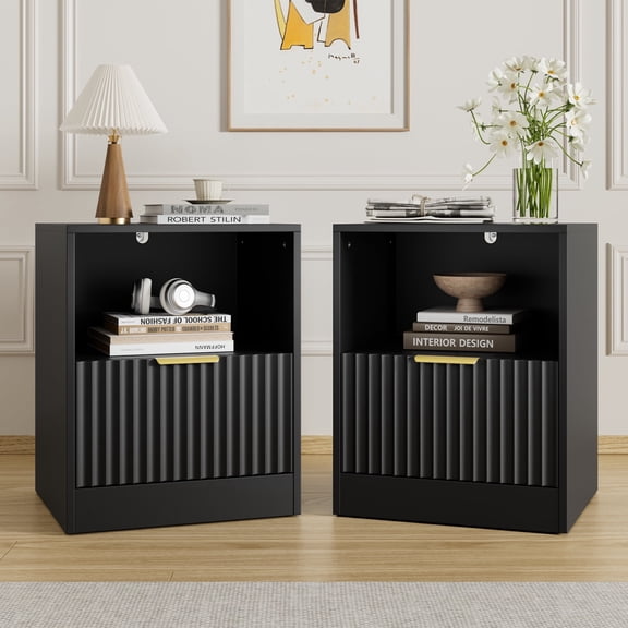 YouTrend Nightstand Set of 2 for Bedroom, Modern Bedside Table End Table with Storage Drawer & Open Shelf, Wooden Storage Cabinet for Living Room, Black