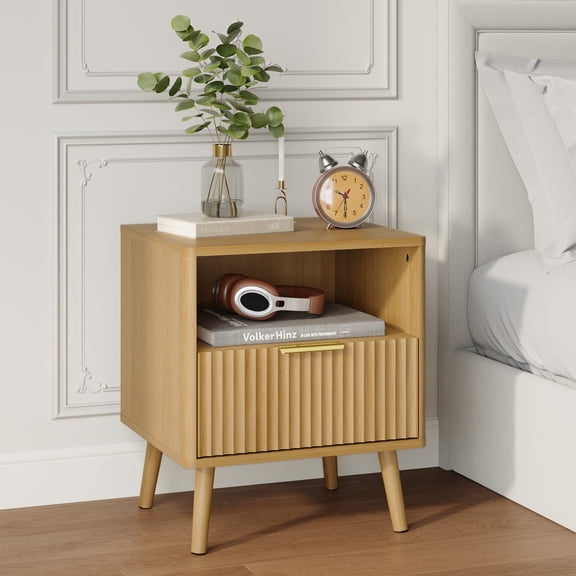 YouTrend Nightstand with Open Shelf,Beside Table with Fluted Design ,End Table with Solid Wood Legs for bedroom