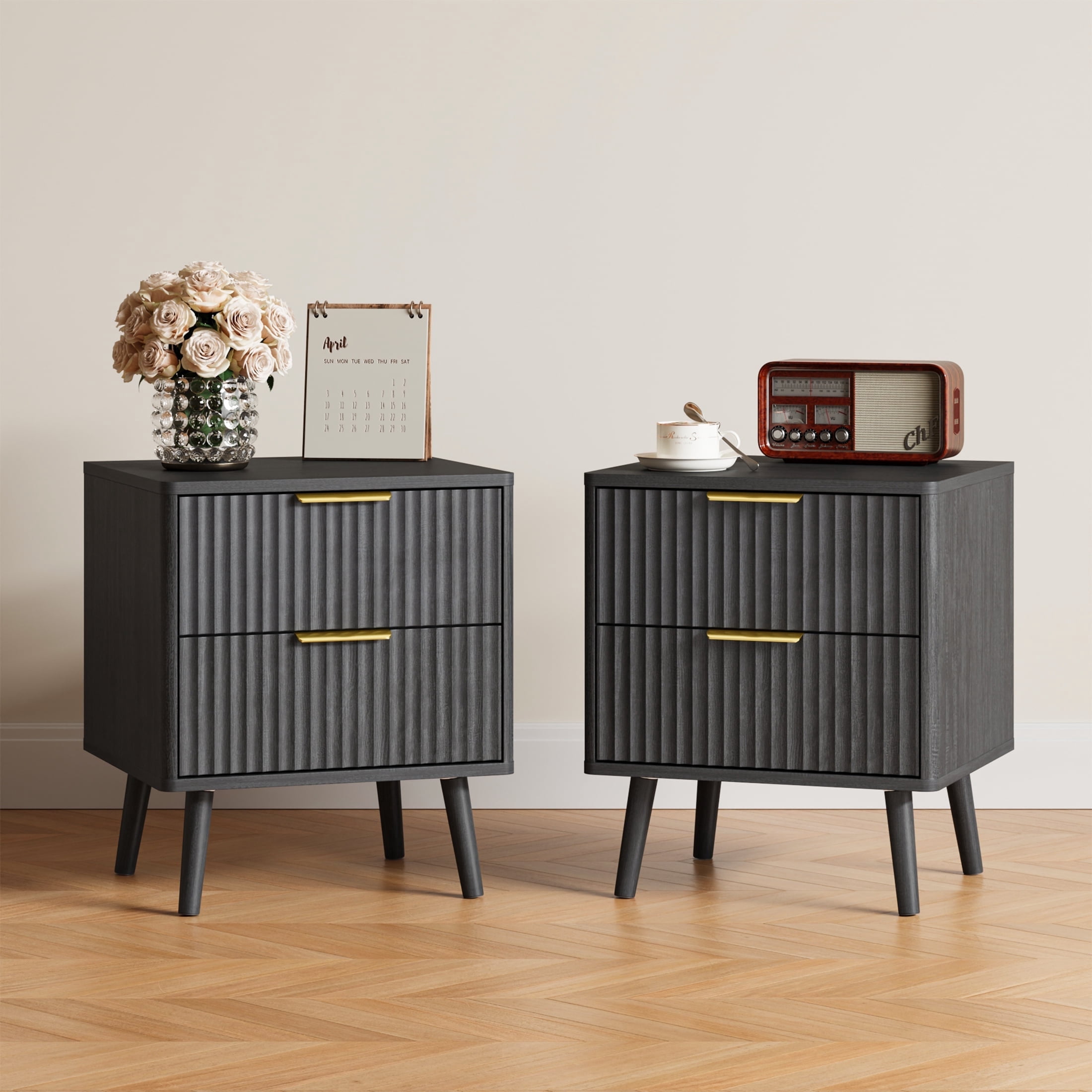 YouTrend Nightstands Set 0f 2 with 2 Drawers,Beside Table with Fluted ...
