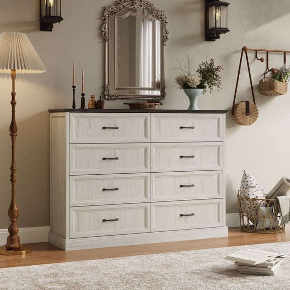 YouTrend Rustic 8-Drawer Wood Dresser, Large Storage Chest Organizer with Metal Handles for Bedroom, Living Room, Farmhouse Style Furniture,White