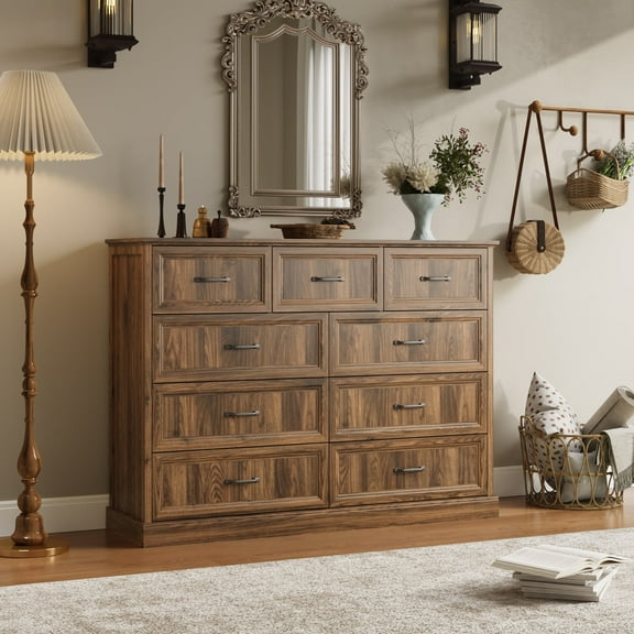 YouTrend Rustic 9-Drawer Wood Dresser, Large Storage Chest Organizer with Metal Handles for Bedroom, Living Room, Farmhouse Style Furniture,Brown