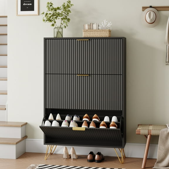 YouTrend Shoe Cabinet with 3 Flip Drawer,Fluted Wood Shoe Rack Storage Cabinet for Entryway,Black