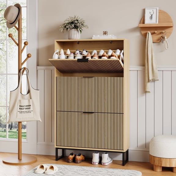 YouTrend Shoe Storage Cabinet,Shoe Rack for Entryway with 3 Flip Drawers,Shoes Storage Cabinet Organizer with Metal Legs,Natural