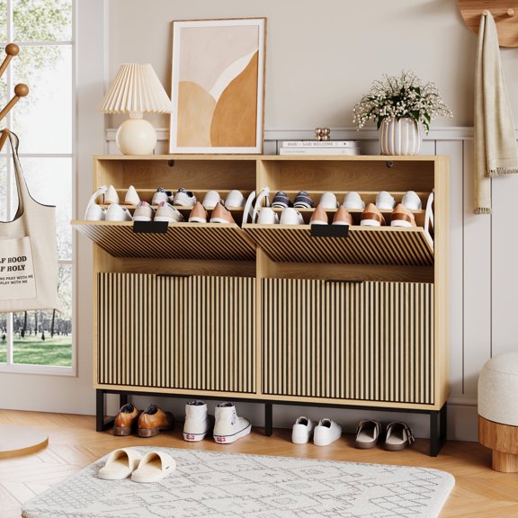 YouTrend Shoe Storage Cabine with 4 Flip Drawers,Modern Shoes Storage Cabinet Organizer with Metal Legs,Natural