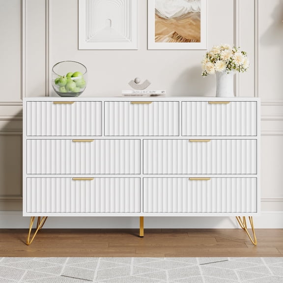 YouTrend White 7 Drawer Dresser with Fluted Wood and Metal Handles Legs for Bedroom Living Room Hallway