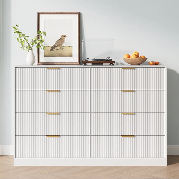 YouTrend White 8 Drawer Dresser with for Bedroom,Modern Adult Fluted Wood Chest of Drawer with Golden Embedded Handles for Living Room,Hallway