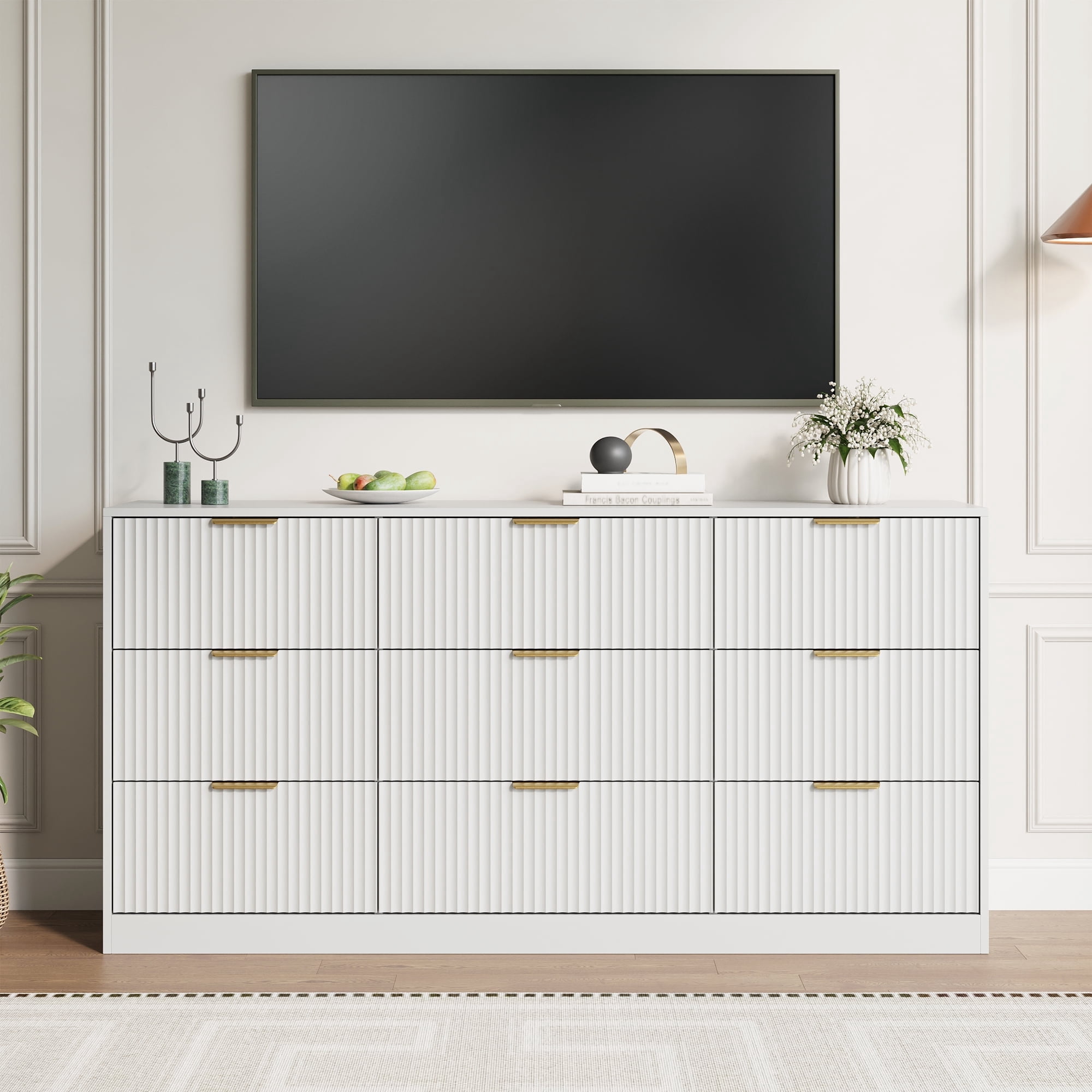white and gold dresser 9 drawer YouTrend White 9 Drawer Dresser for Bedroom,Modern Adult Fluted Wood Chest  of Drawer with Golden Embedded Handles for Living Room,Hallway