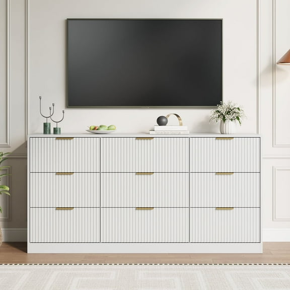 YouTrend White 9 Drawer Dresser for Bedroom,Modern Adult Fluted Wood Chest of Drawer with Golden Embedded Handles for Living Room,Hallway