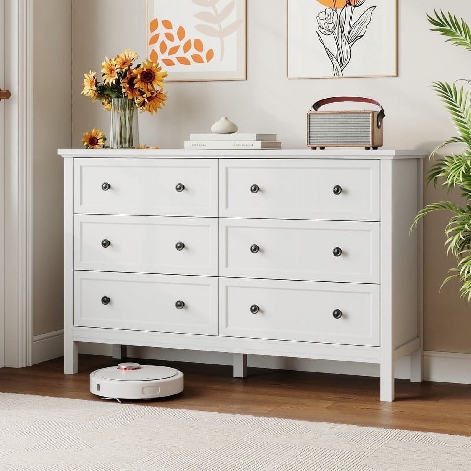 YouTrend White Dresser with 6 Drawer for Bedroom,Traditional Adult Chest of Drawers with Golden Handles for Living Room,Hallway