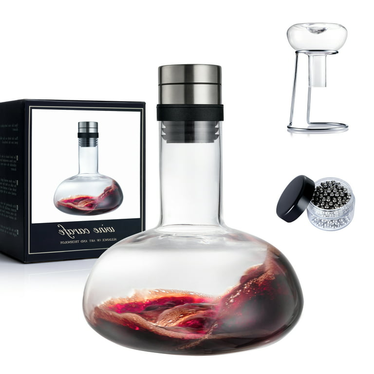 YouYah Wine Decanter Set,Red Wine Carafe with Drying Stand,Cleaning Beads  and Aerator Lid,Crystal Glass,Wine Aerator,100% Hand-blown,Wine Gifts for