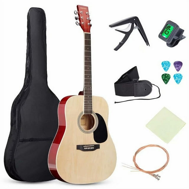 YouYeap 41" All-Wood Acoustic Guitar Starter Level Kit with Gig Bag, E-Tuner, Pick, Strap and Rag, Natural