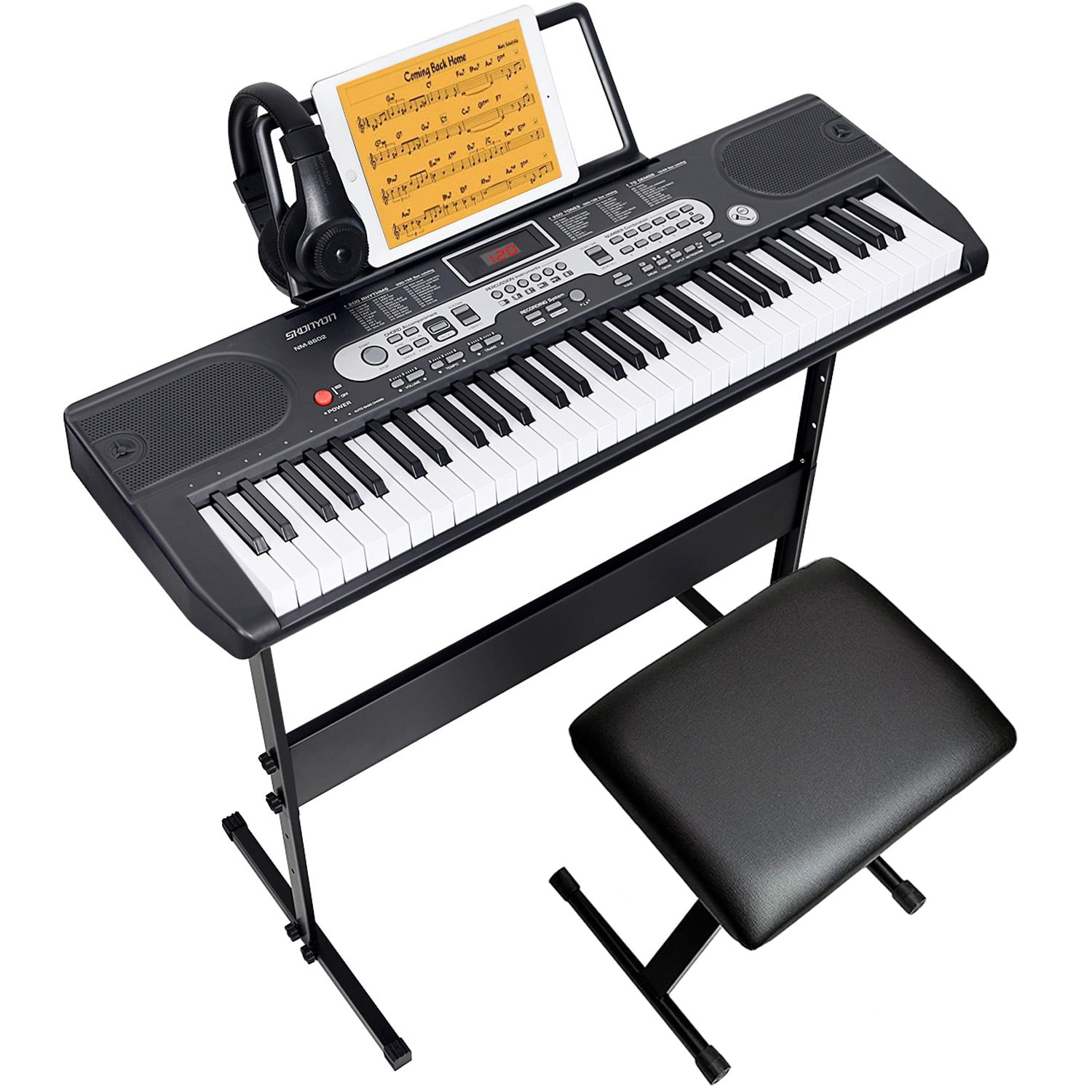 Learn piano online by yourself. Use a tablet or computer to learn piano  tutorials online. The black grand piano has a tablet placed on a notebook  stand. 3D Rendering. 6667060 Stock Photo