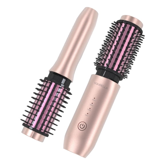Youbella Cordless Hair Curling Iron Brush, Mini Travel Hot Straightener Comb, 3-in-1 Portable Wave Curling Wand, 1.5 Ionic Heated Brush, USB Rechargeable Hair Curler, Pink No Automatic Rotation