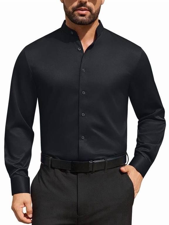 Men's Banded Collar Dress Shirt Wrinkle Resistant Long Sleeve Button Down Mandarin Collar Stretch Casual Shirt