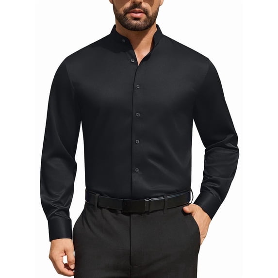 Youclos Men's Banded Collar Dress Shirt Wrinkle Resistant Long Sleeve Button Down Mandarin Collar Stretch Casual Shirt