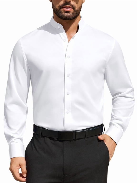 Men's Banded Collar Dress Shirt Wrinkle Resistant Long Sleeve Button Down Mandarin Collar Stretch Casual Shirt