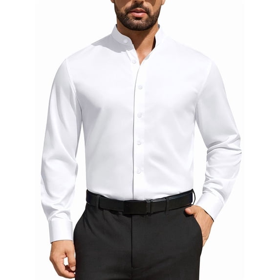Youclos Men's Banded Collar Dress Shirt Wrinkle Resistant Long Sleeve Button Down Mandarin Collar Stretch Casual Shirt