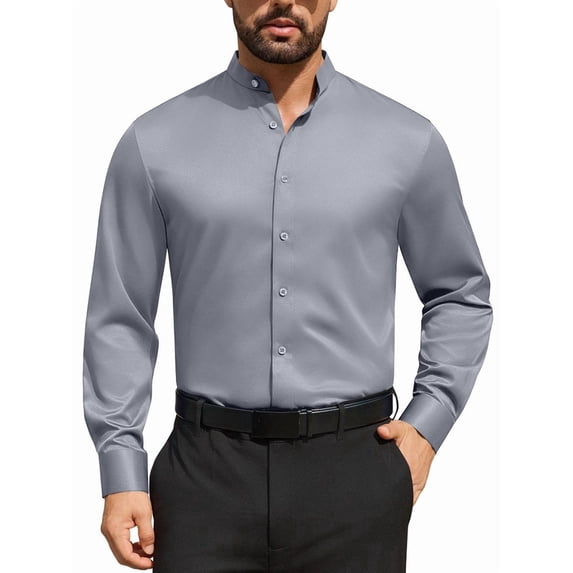 Youclos Men's Banded Collar Dress Shirt Wrinkle Resistant Long Sleeve Button Down Mandarin Collar Stretch Casual Shirt