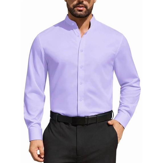 Youclos Men's Banded Collar Dress Shirt Wrinkle Resistant Long Sleeve Button Down Mandarin Collar Stretch Casual Shirt