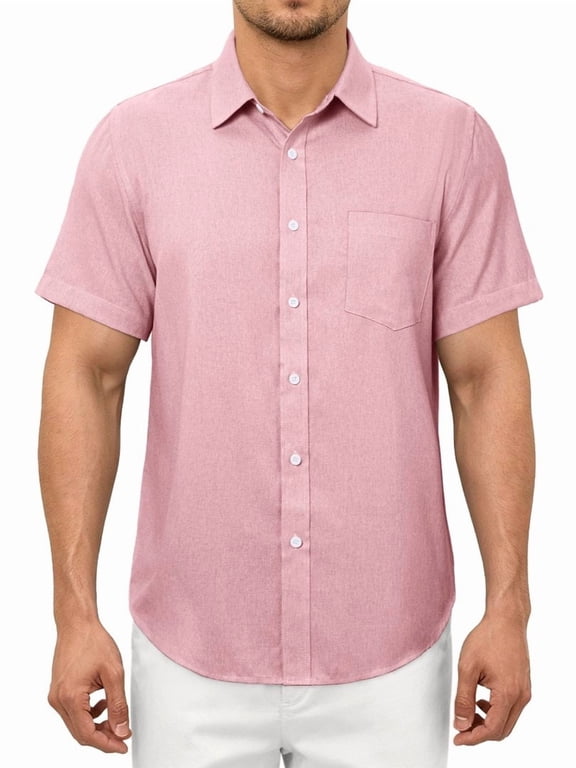 Men's Linen Shirt Short Sleeve Button Down with Pocket