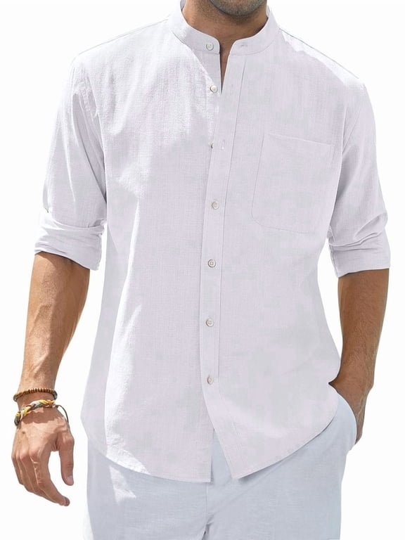 Men's Cotton Linen Long‑Sleeve Button Down Shirt, Band Collar with Chest Pocket, Casual Regular Fit