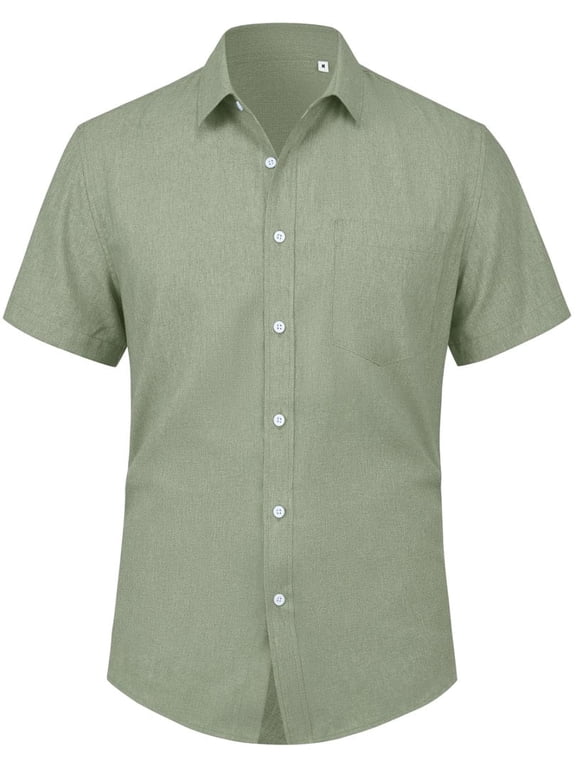 Men's Button Down Shirt Linen Short Sleeve with Pocket
