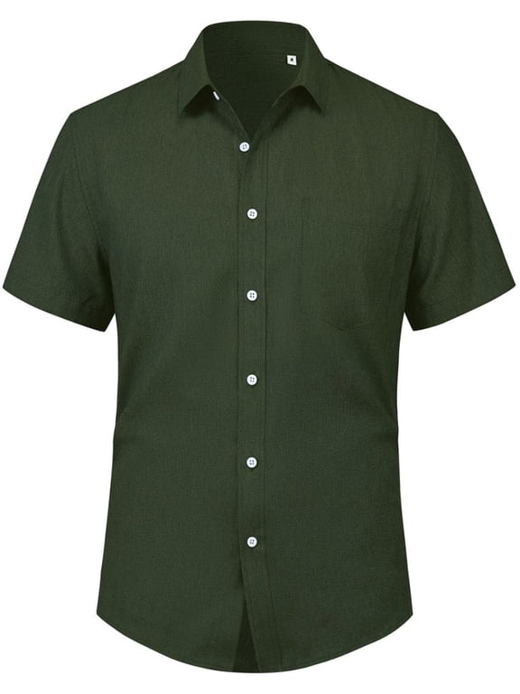 Men's Button Down Shirt Linen Short Sleeve with Pocket