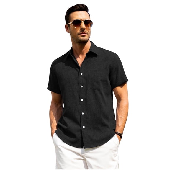 Youclos Men's Short Sleeve Casual Button Down Shirts Linen Shirts with Contrast Button and Pocket - Lightweight Soft Skin-Friendly Beach Shirt