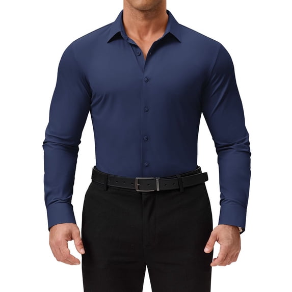 Youclos Men’s Solid Long Sleeve Button‑Up Dress Shirt, Stretch Wrinkle Resistant Slim Fit Shirt