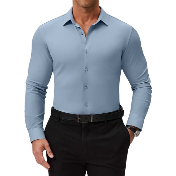 Youclos Men’s Solid Long Sleeve Button‑Up Dress Shirt, Stretch Wrinkle Resistant Slim Fit Shirt