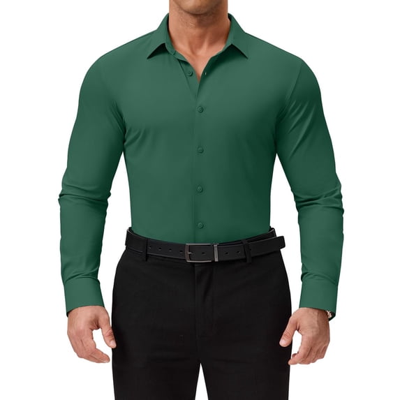 Youclos Men’s Solid Long Sleeve Button‑Up Dress Shirt, Stretch Wrinkle Resistant Slim Fit Shirt