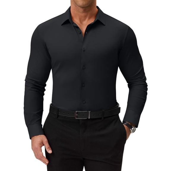 Youclos Men's Solid Long Sleeve Button Down Dress Shirts, Stretch Wrinkle Resistant Slim Fit Casual Business