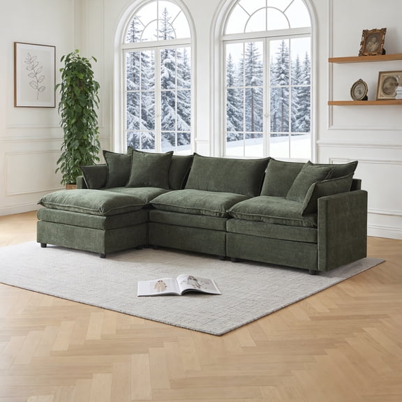 Youdao 108" Modular Sectional Couch, Modern L-Shaped Convertible Sofa with Moveable Ottoman, Comfy Ultra-Soft Down Filled Cushioning, Classical Design Couch for Living Room, Apartment, Bedroom, Green