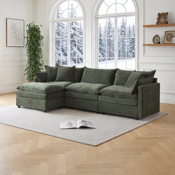Youdao 108" Modular Sectional Couch, Modern L-Shaped Convertible Sofa with Moveable Ottoman, Comfy Ultra-Soft Down Filled Cushioning, Classical Design Couch for Living Room, Apartment, Bedroom, Green