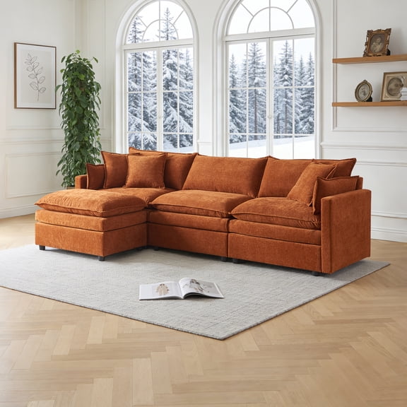 Youdao 108" Modular Sectional Couch, Modern L-Shaped Convertible Sofa with Moveable Ottoman, Comfy Ultra-Soft Down Filled Cushions, Classical Design Couch for Living Room, Apartment, Bedroom, Orange