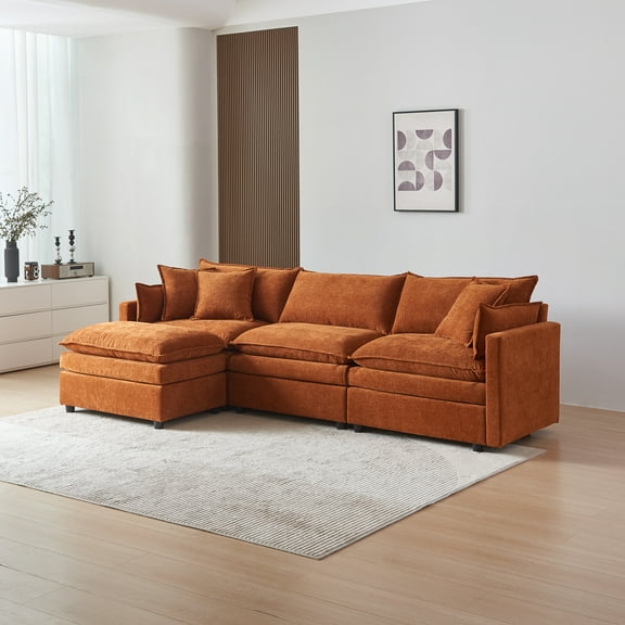 Youdao 108" Modular Sectional Couch, Modern L-Shaped Convertible Sofa with Moveable Ottoman, Comfy Ultra-Soft Down Filled Cushions, Classical Design Couch for Living Room, Apartment, Bedroom, Orange