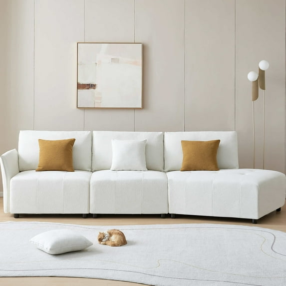 Youdao 3 Seater Teddy Fabric Curved Sofa Couch, Modern Comfy Corner Sectional Sofa for Living Room, Gray Upholstered Button Tufted Sofa Couches with 3 Pillows for Bedroom, Business Lounge Hotel Lobby