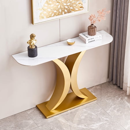 Youdao Gold Entryway Table, Modern 47-Inch Console Table Accent Table with Geometric Metal Legs, Marbling Narrow Sofa Table Foyer Table for Entrance, Narrow Sofa Accent Table for Living Room